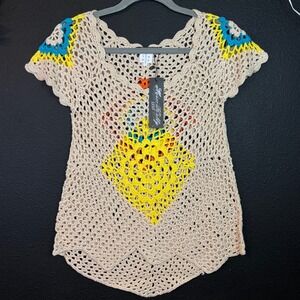 Miss Kelly 1999 Crochet Top Boho Open Knit Festival Granny Square Shirt S/M NWT